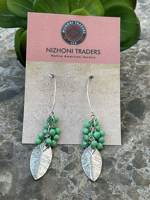 Navajo Sterling Silver & Green Turquoise Bead Leaf Dangle Earrings