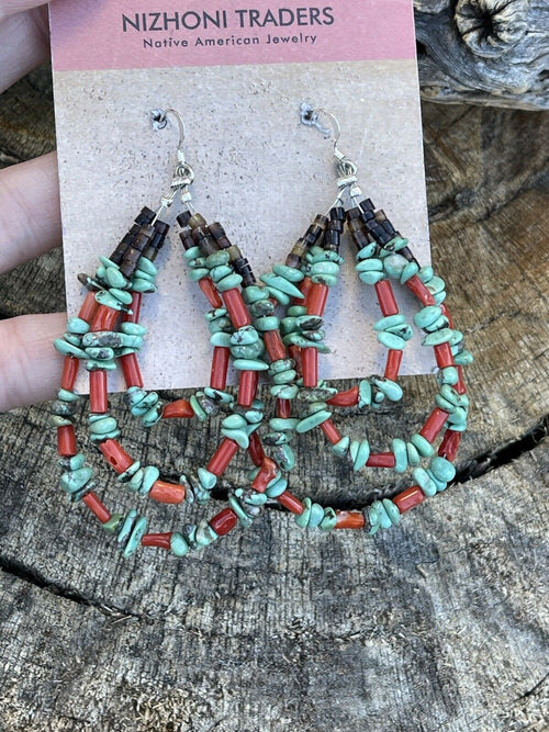 Navajo Heishi Bead Turquoise & Coral 3 Loop Dangle Earrings