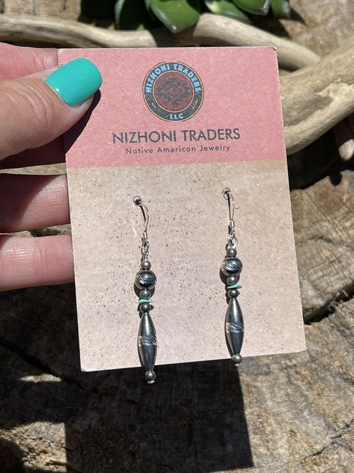 Navajo Diamond Cut Bead Sterling Silver Turquoise Dangle Earrings