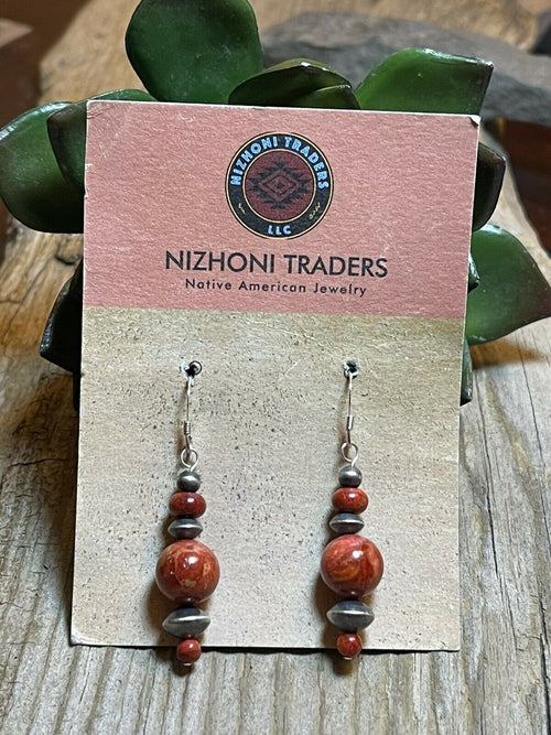 Beautiful Navajo Sterling Silver Apple Coral Triple Ball Bead Dangle Earrings