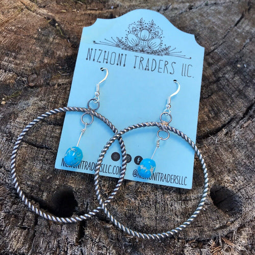 Navajo Sterling Silver Turquoise Dangle Hoop Earrings