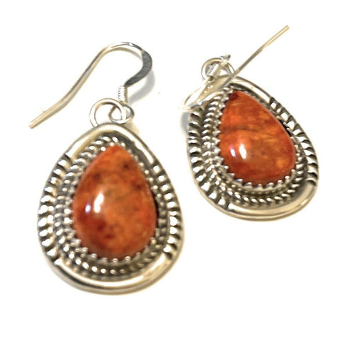 Navajo Sterling Silver Southwest Apple Coral Teardrop Earrings Signed G. Boyd