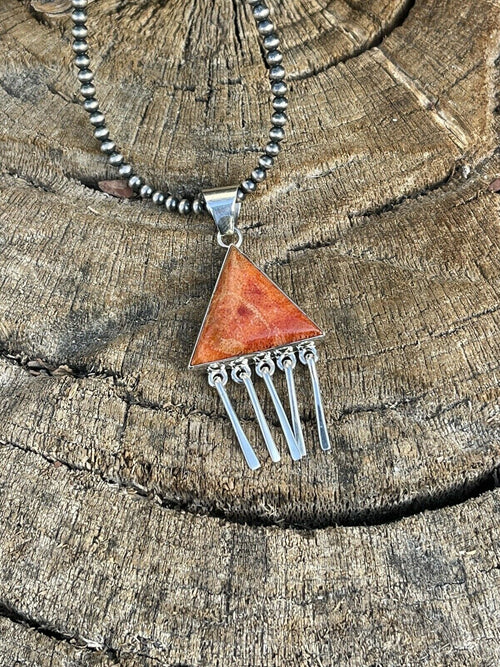 Navajo Sterling Silver Orange Spiny TrIangle Fringe Pendant Signed