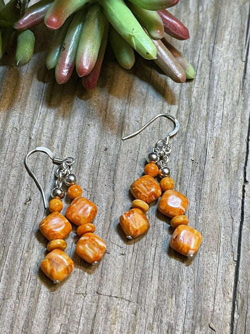 Beautiful Navajo Sterling Dyed Orange Kingman Turquoise Multi Bead Earrings