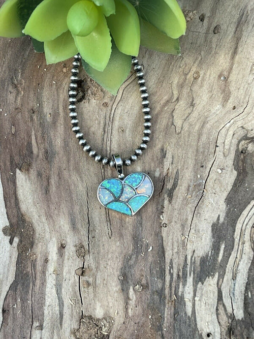 Zuni Iridescent Blue Opal & Sterling Silver Heart Pendant