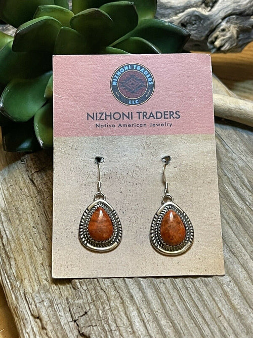 Navajo Sterling Silver Southwest Apple Coral Teardrop Earrings Signed G. Boyd