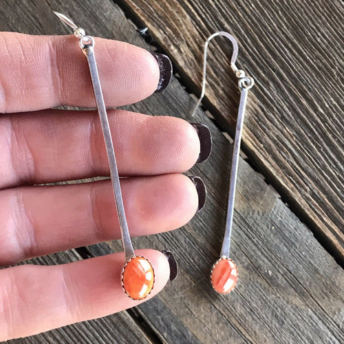 Beautiful Navajo Sterling Silver Orange Spiny Drop Dangle Earrings