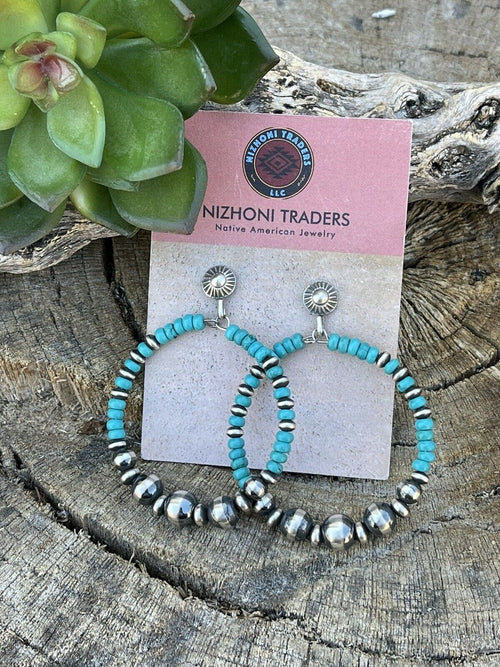 Navajo Sterling Silver Turquoise Stone Post Hoop Earrings