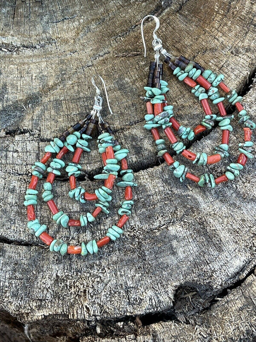 Navajo Heishi Bead Turquoise & Coral 3 Loop Dangle Earrings