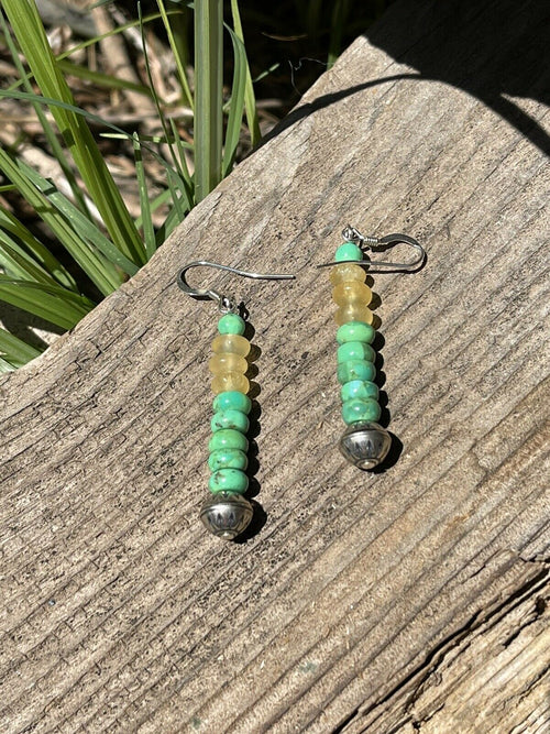 Navajo Sterling Silver Golden Quartz and Green Kingman Turquoise Dangle Earrings