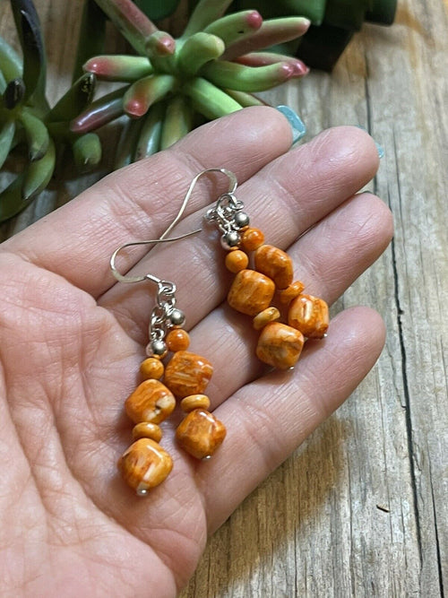 Beautiful Navajo Sterling Dyed Orange Kingman Turquoise Multi Bead Earrings