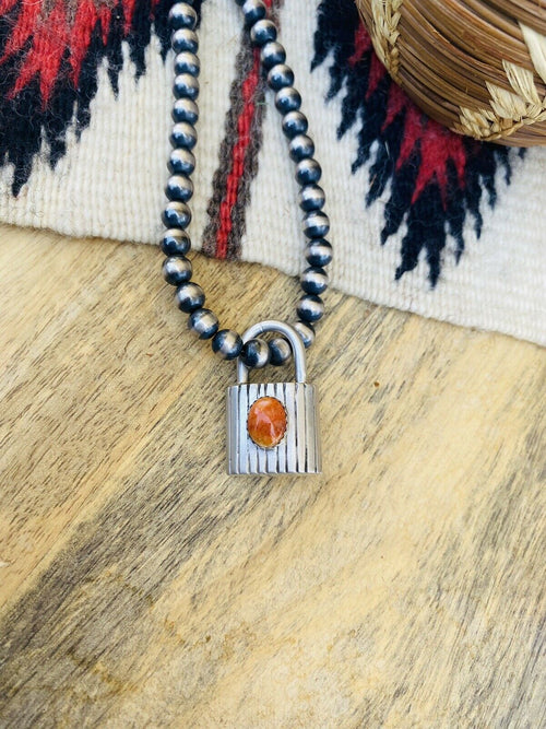 Navajo Orange Spiny & Sterling Silver Locket Pendant Signed