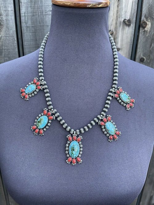 Navajo Sterling Kingman Turquoise Natural Red Coral Necklace Taos Collection