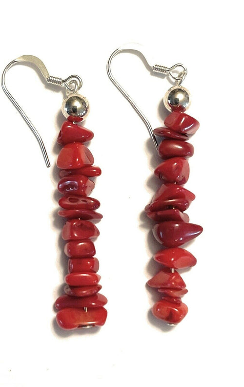 Navajo Sterling Silver Apple Coral Chip Dangle Earrings