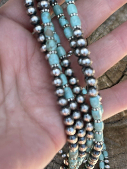 Navajo Royston Turquoise & Sterling Silver graduated 5 strand Beaded Necklace