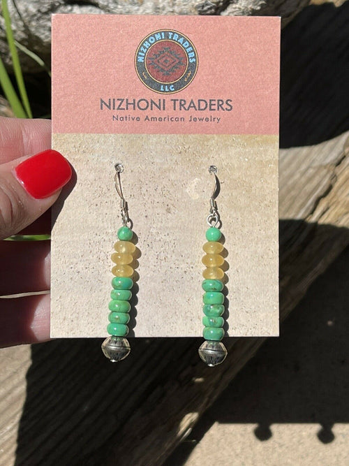 Navajo Sterling Silver Golden Quartz and Green Kingman Turquoise Dangle Earrings