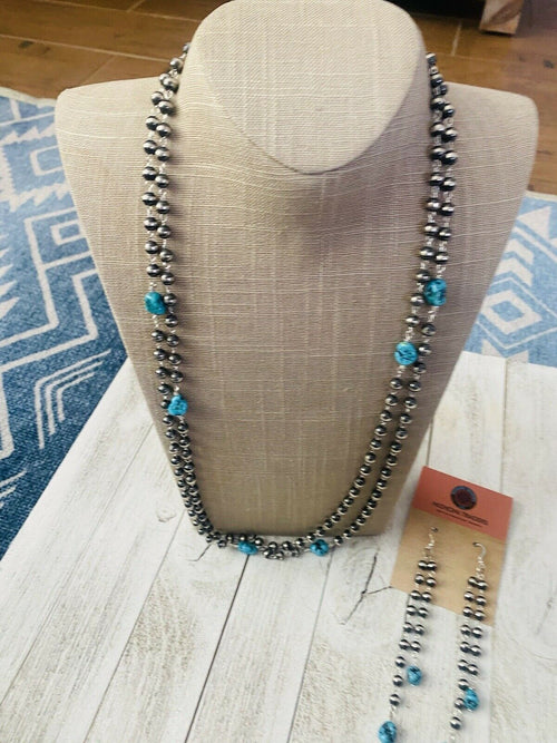 Navajo Kingman Turquoise & Sterling Silver Pearl Beaded Necklace Set