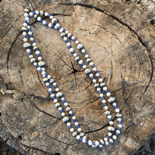 Navajo Sterling Silver Pearl And Lapis Handmade Beaded Necklace