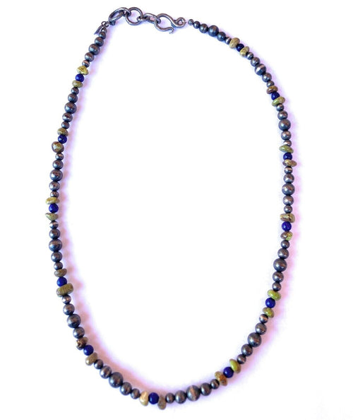 Navajo Lapis, Gaspeite And Sterling Silver Navajo Pearl Beaded Necklace