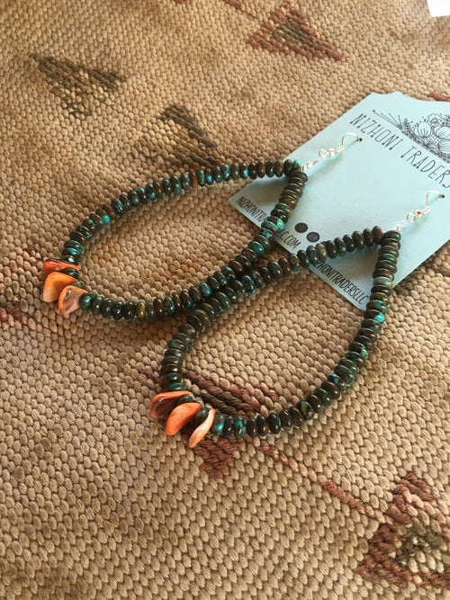 Navajo Turquoise Spiny Oyster Sterling Silver Beaded Dangle Hoop Earrings