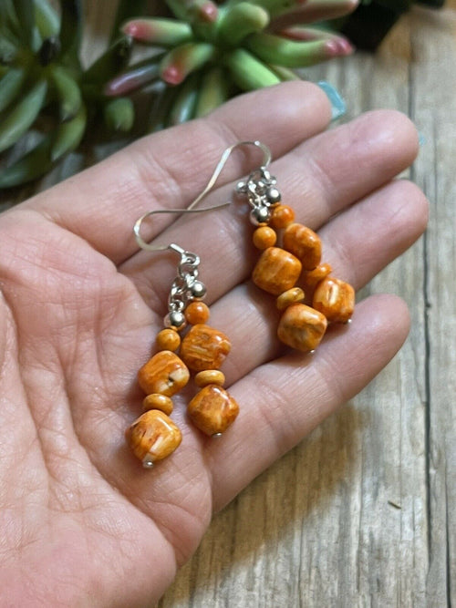 Beautiful Navajo Sterling Dyed Orange Kingman Turquoise Multi Bead Earrings