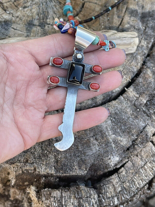 Navajo Sterling Silver Black Onyx and Coral Dragonfly Pendant By Chimney Butte