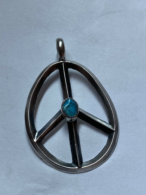 Navajo Sterling Silver & Kingman Turquoise Peace Sign Pendant Signed