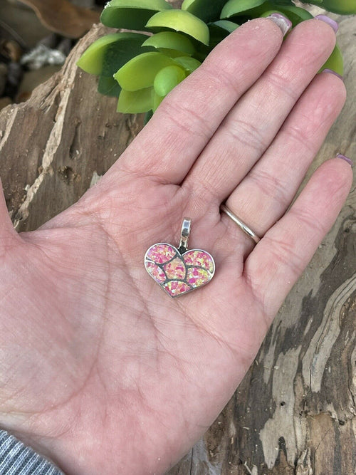 Zuni Iridescent Pink Opal & Sterling Silver Heart Pendant