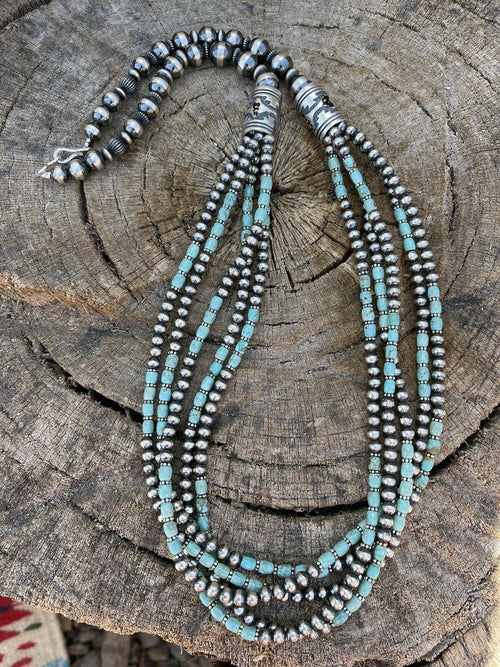 Navajo Royston Turquoise & Sterling Silver graduated 5 strand Beaded Necklace