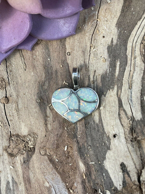 Zuni Iridescent White Opal & Sterling Silver Heart Pendant