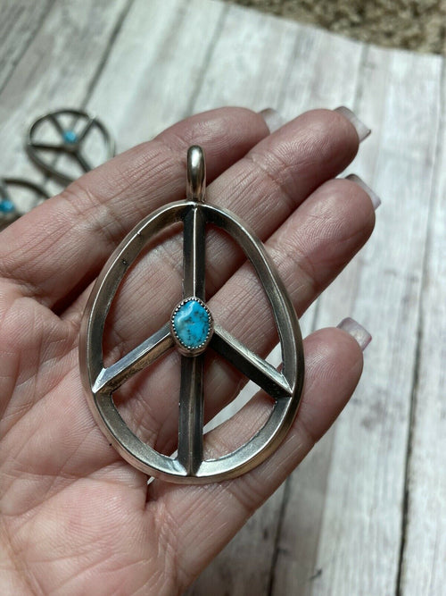 Navajo Sterling Silver & Kingman Turquoise Peace Sign Pendant Signed