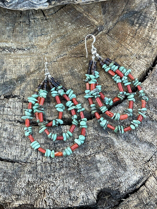 Navajo Heishi Bead Turquoise & Coral 3 Loop Dangle Earrings