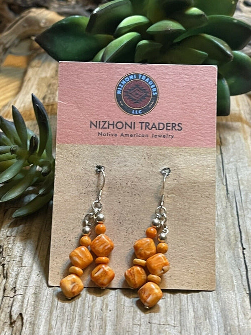 Beautiful Navajo Sterling Dyed Orange Kingman Turquoise Multi Bead Earrings