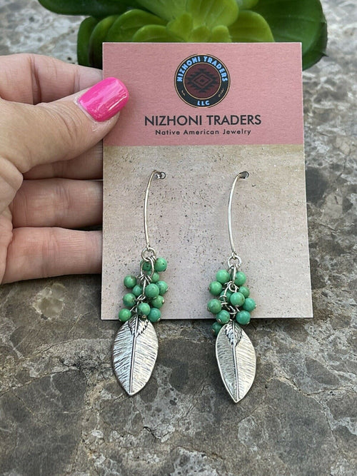 Navajo Sterling Silver & Green Turquoise Bead Leaf Dangle Earrings