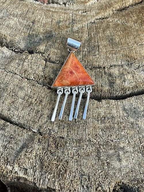 Navajo Sterling Silver Orange Spiny TrIangle Fringe Pendant Signed