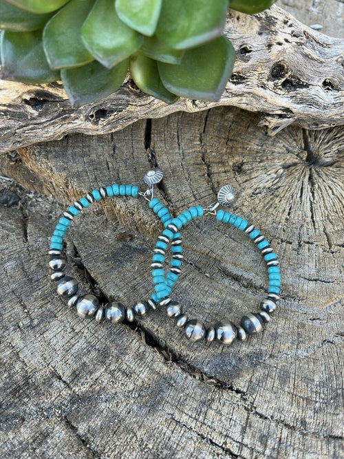 Navajo Sterling Silver Turquoise Stone Post Hoop Earrings