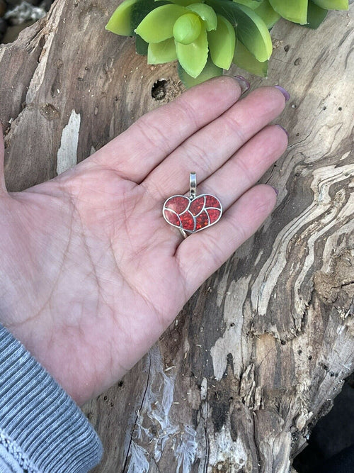 Zuni Iridescent Red Opal & Sterling Silver Heart Pendant