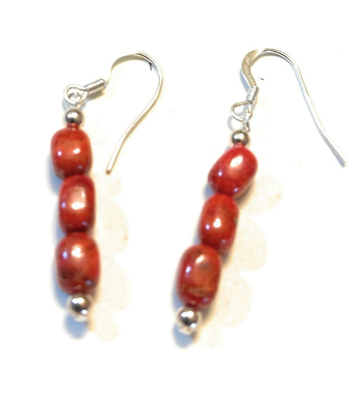 Navajo Sterling Silver 3 Stone Apple Coral Dangle Earrings