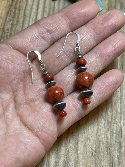 Beautiful Navajo Sterling Silver Apple Coral Triple Ball Bead Dangle Earrings