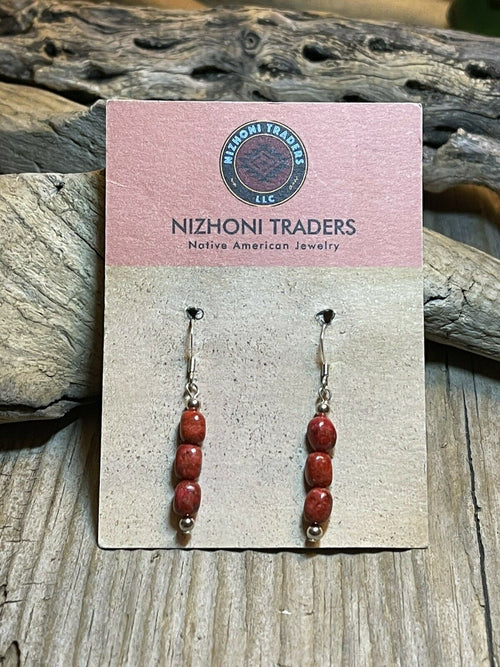 Navajo Sterling Silver 3 Stone Apple Coral Dangle Earrings