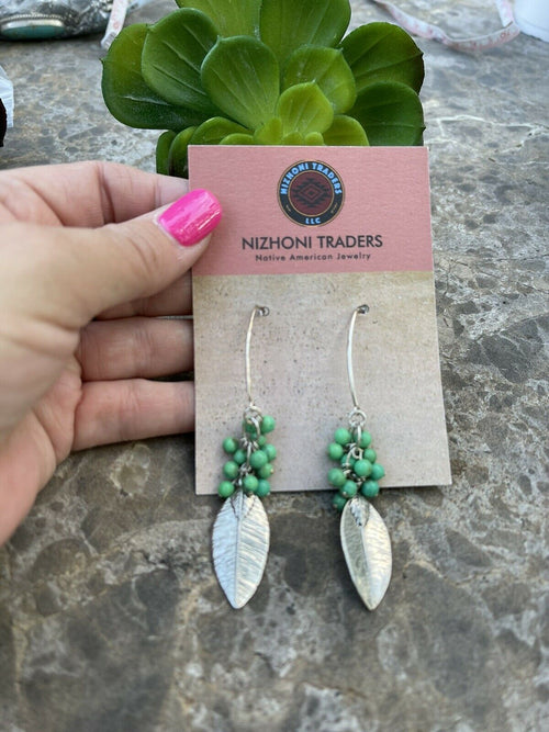 Navajo Sterling Silver & Green Turquoise Bead Leaf Dangle Earrings