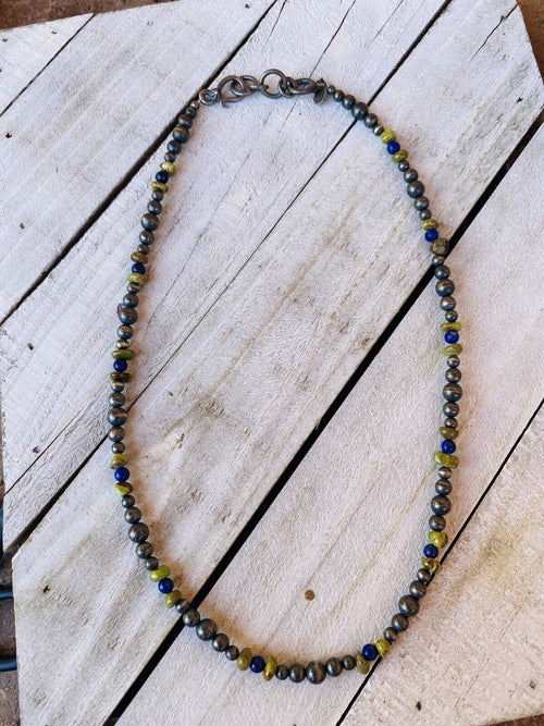 Navajo Lapis, Gaspeite And Sterling Silver Navajo Pearl Beaded Necklace