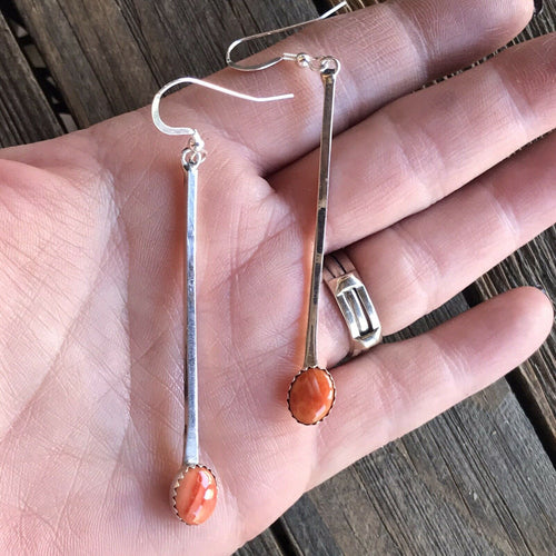 Beautiful Navajo Sterling Silver Orange Spiny Drop Dangle Earrings