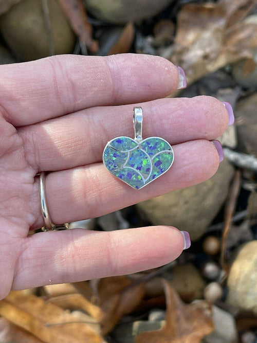 Zuni Iridescent Green Opal & Sterling Silver Heart Pendant