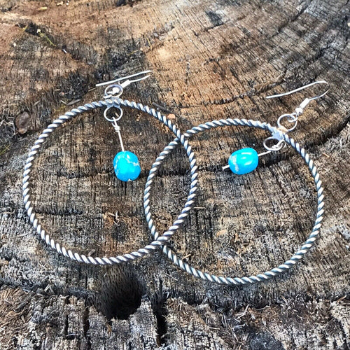 Navajo Sterling Silver Turquoise Dangle Hoop Earrings