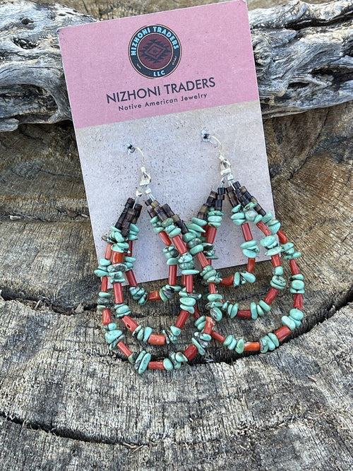 Navajo Heishi Bead Turquoise & Coral 3 Loop Dangle Earrings