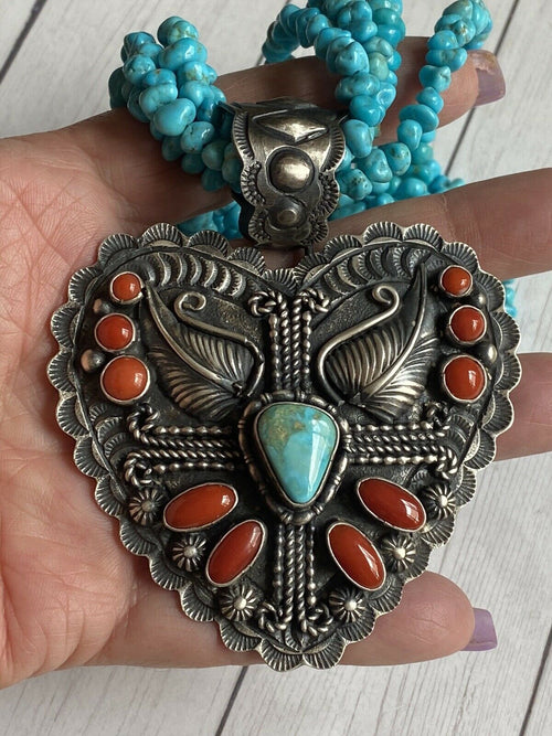 Shawn Cayatenito Sterling Silver Turquoise & Coral Heart Pendant Signed