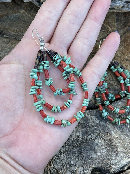 Navajo Heishi Bead Turquoise & Coral 3 Loop Dangle Earrings