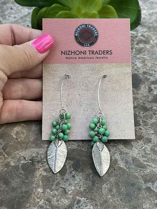 Navajo Sterling Silver & Green Turquoise Bead Leaf Dangle Earrings