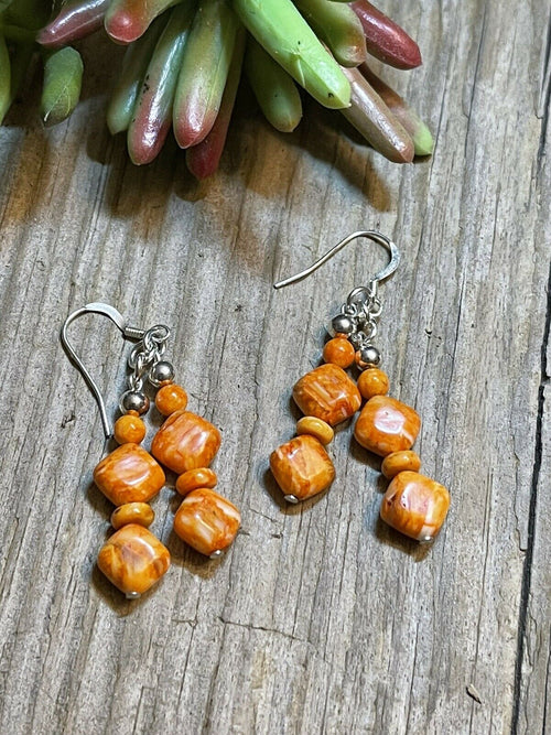 Beautiful Navajo Sterling Dyed Orange Kingman Turquoise Multi Bead Earrings